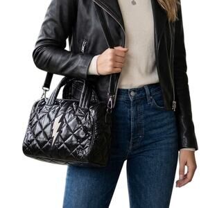 Oliver Thomas Duffle Shoulder Bag Small Black Metallic Quilted Weekender Travel